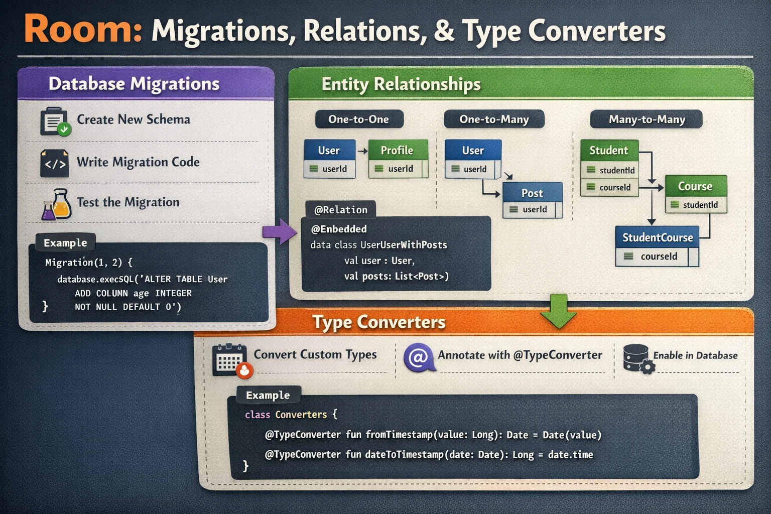 Room Migrations, Relations, and Advanced TypeConverters — Schema Changes, One-to-Many, Many-to-Many, and Testing