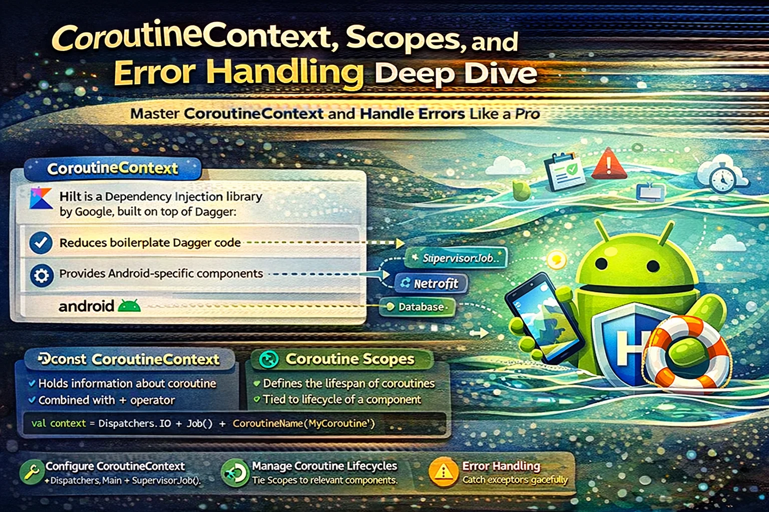 CoroutineContext, Scopes, and Error Handling — SupervisorJob, ExceptionHandler, ensureActive, NonCancellable