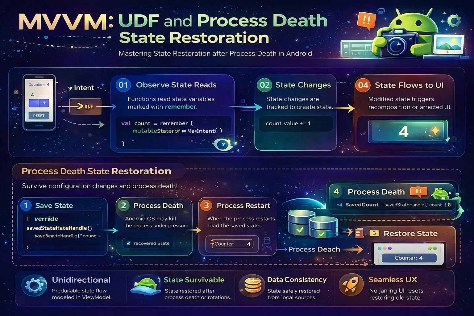 MVVM — Unidirectional Data Flow, Process Death Survival, SavedStateHandle, and State Restoration Strategies
