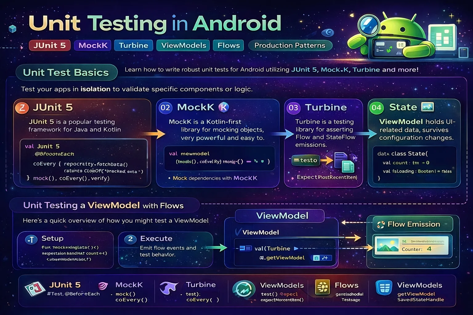 Unit Testing in Android — JUnit 5, MockK, Turbine, ViewModels, Flows, and Production Patterns