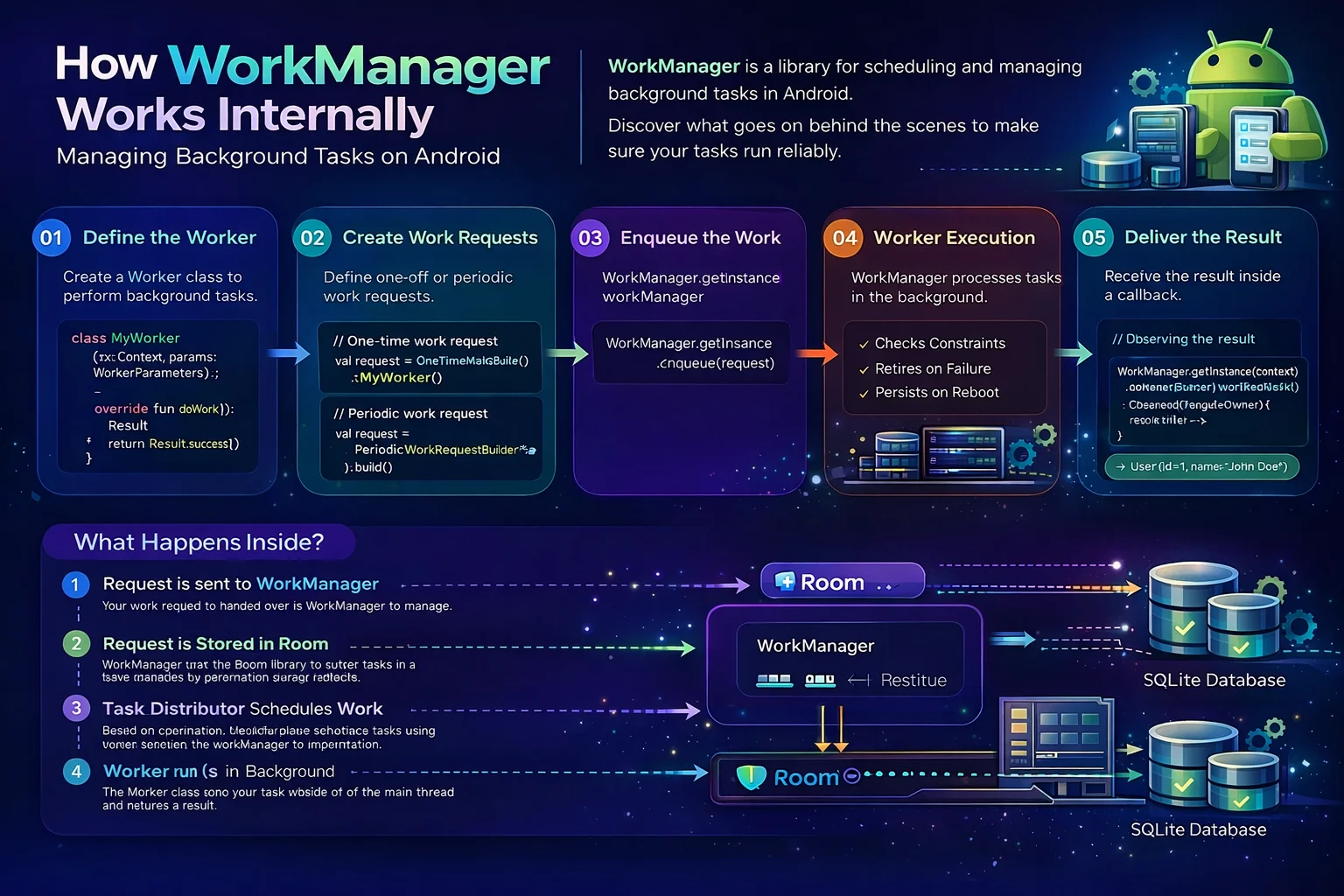 How WorkManager Works Internally — WorkDatabase, Schedulers, Constraint Monitoring, Expedited Work, and Survival Across Reboot